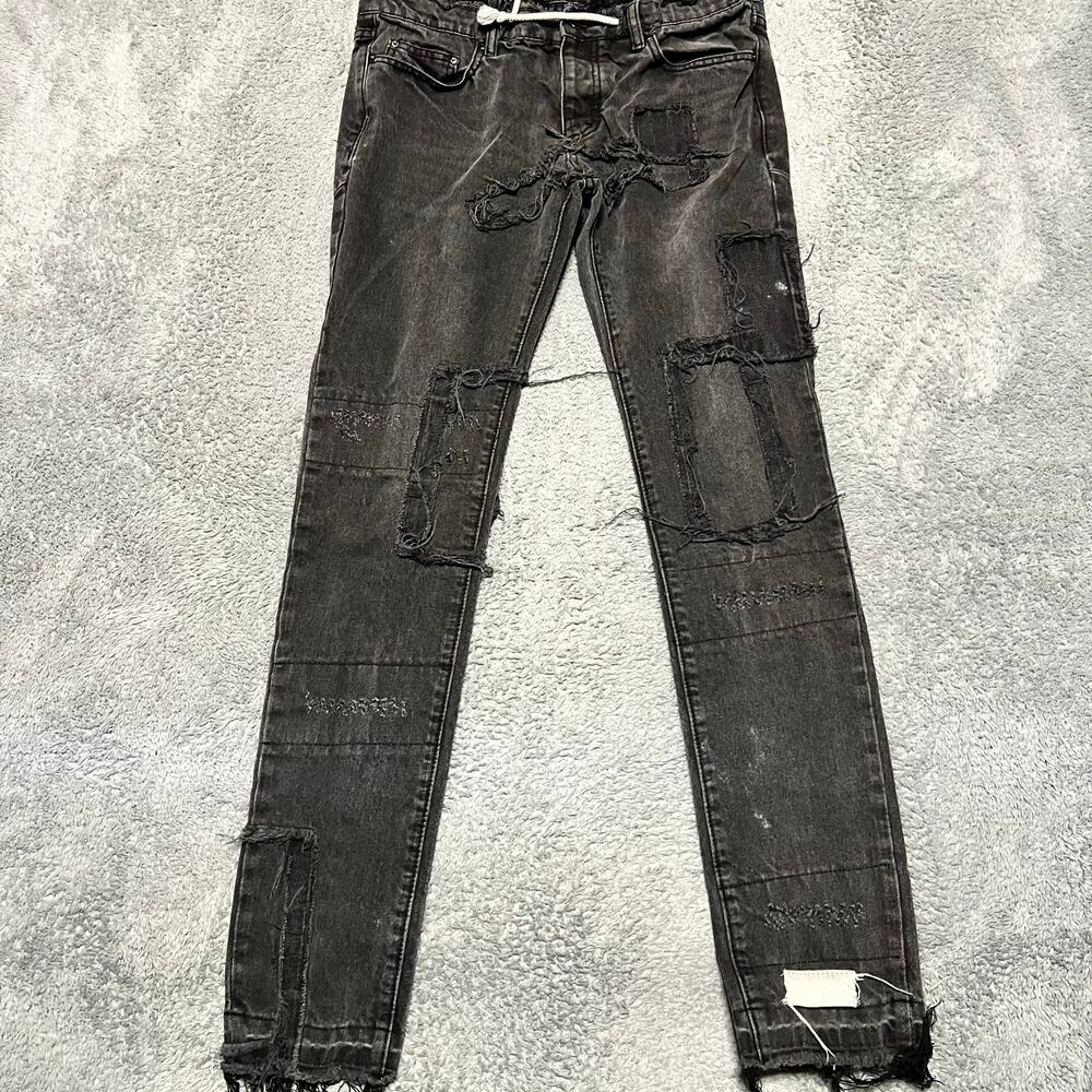 MNML Jeans Mens 33 (34x32.5) Black Distressed Rope Drawstring Button Fly Slim